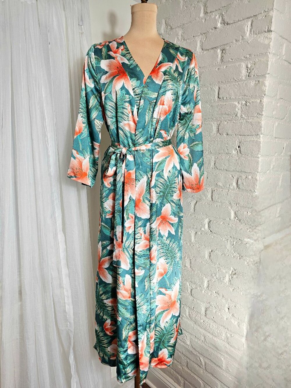 Love + Harmony Tropical Floral Maxi Kimono Robe M/L Teal Palm Print Coverup